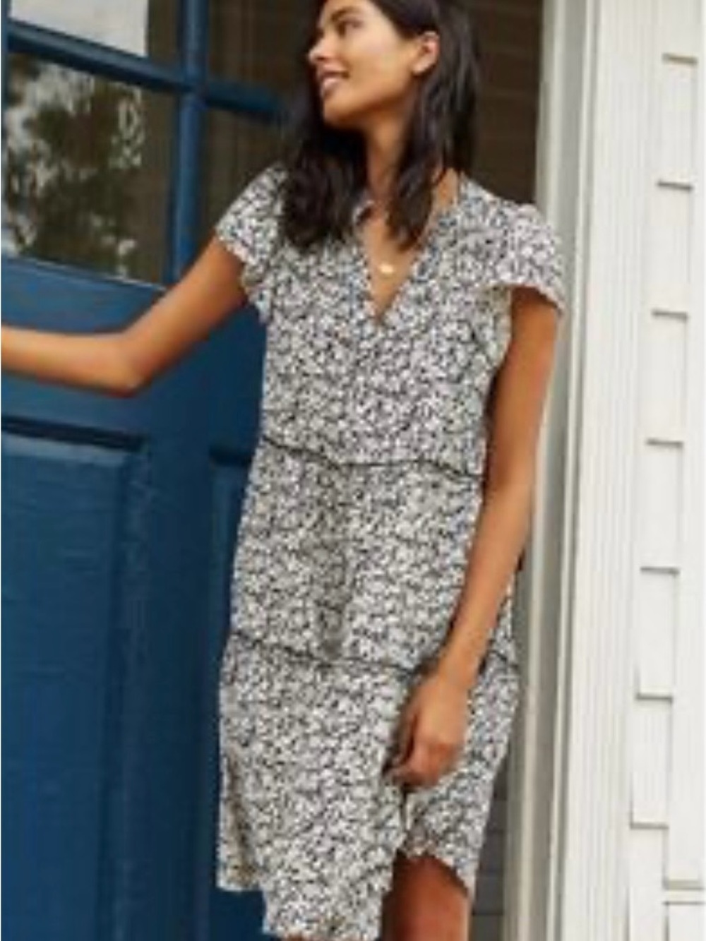 Anthropologie Black & White Floral Tiered V-Neck Dress